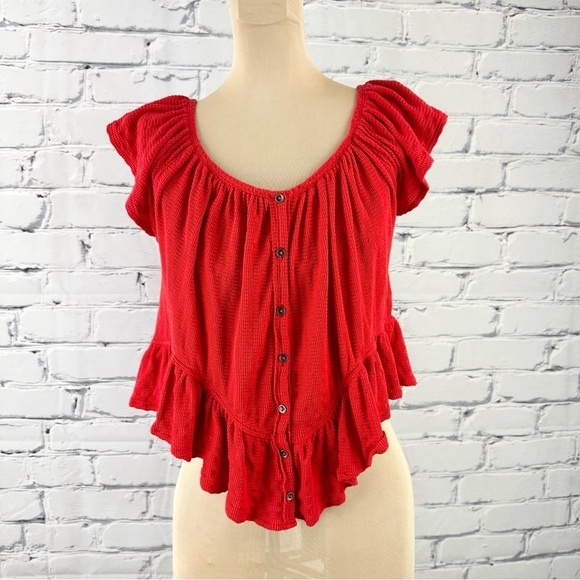 Free People Mint Julep Crop Top Cherry Red Ruffle Button Front XS Summer Beach - Picture 2 of 9